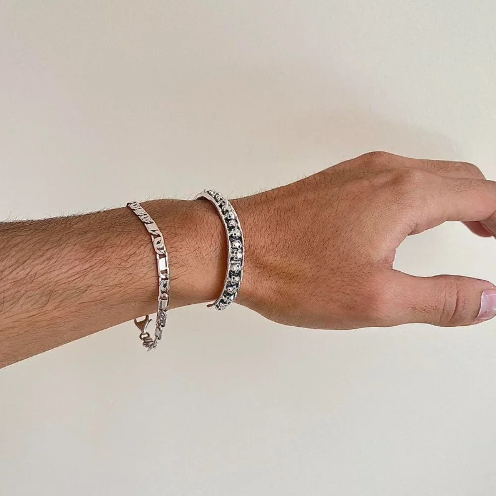 Skull stacked grunge silver and black bracelet